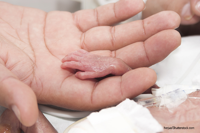 holding a premature baby's hand